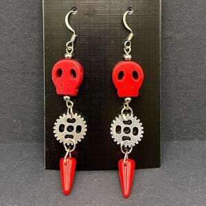 Handmade Red Skull & Glass Spike with  Silver Tone Gear Earrings by Neanie-Bot
